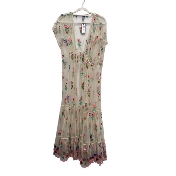 Anthropologie NWT BL^NK Sheer Embroidered Overlay Duster Cream Tan Pink One Size - Picture 5 of 14